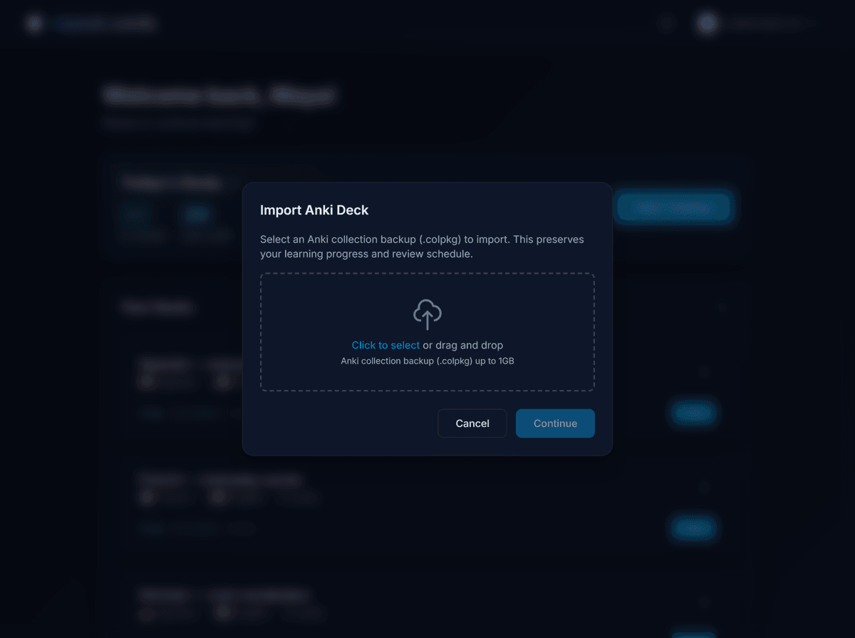 The repeat.cards Anki importer open on the dashboard, ready to upload a .colpkg collection backup