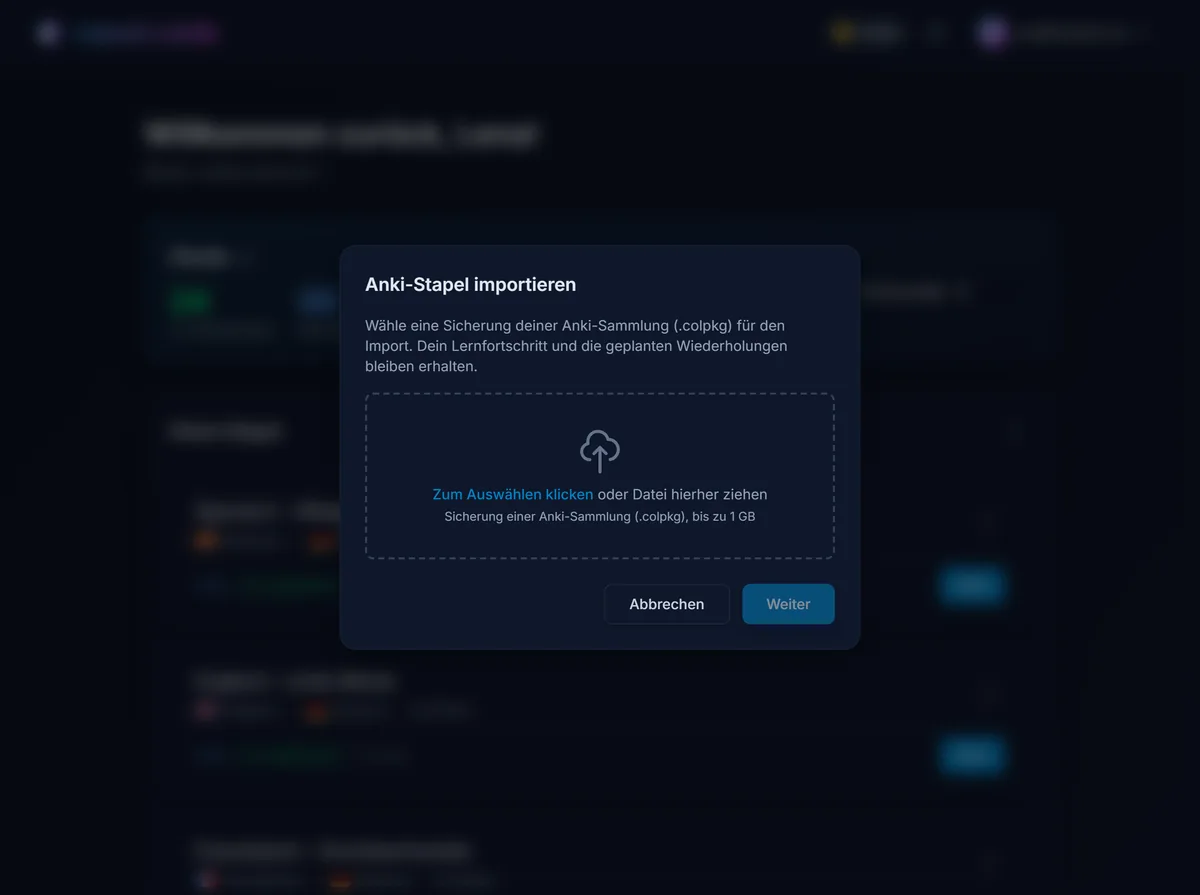 Der Anki-Import von repeat.cards, geöffnet auf der Startseite und bereit zum Hochladen einer .colpkg-Sammlungssicherung