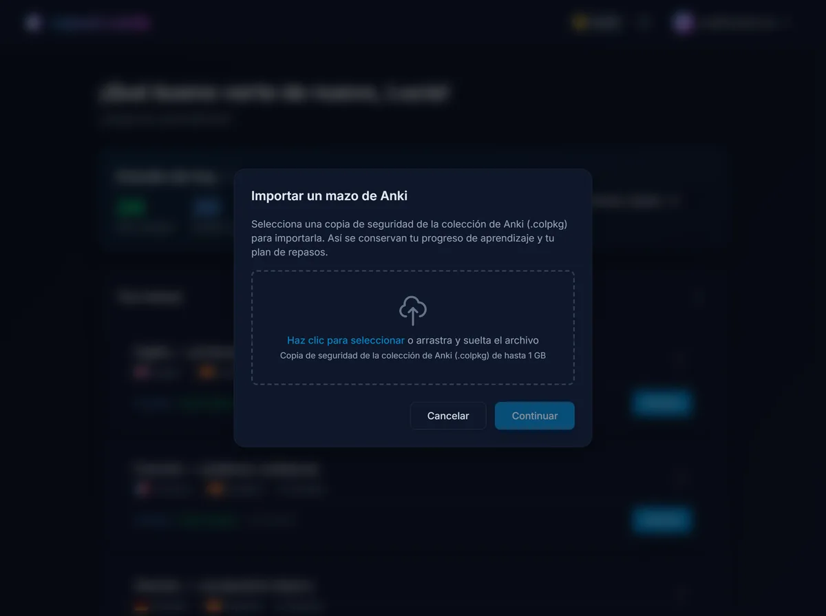 El importador de Anki de repeat.cards abierto en el panel, listo para subir la copia de seguridad .colpkg de una colección