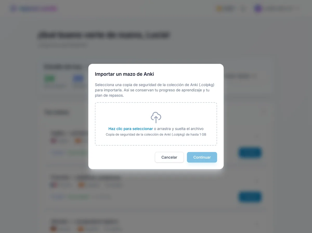 El importador de Anki de repeat.cards abierto en el panel, listo para subir la copia de seguridad .colpkg de una colección