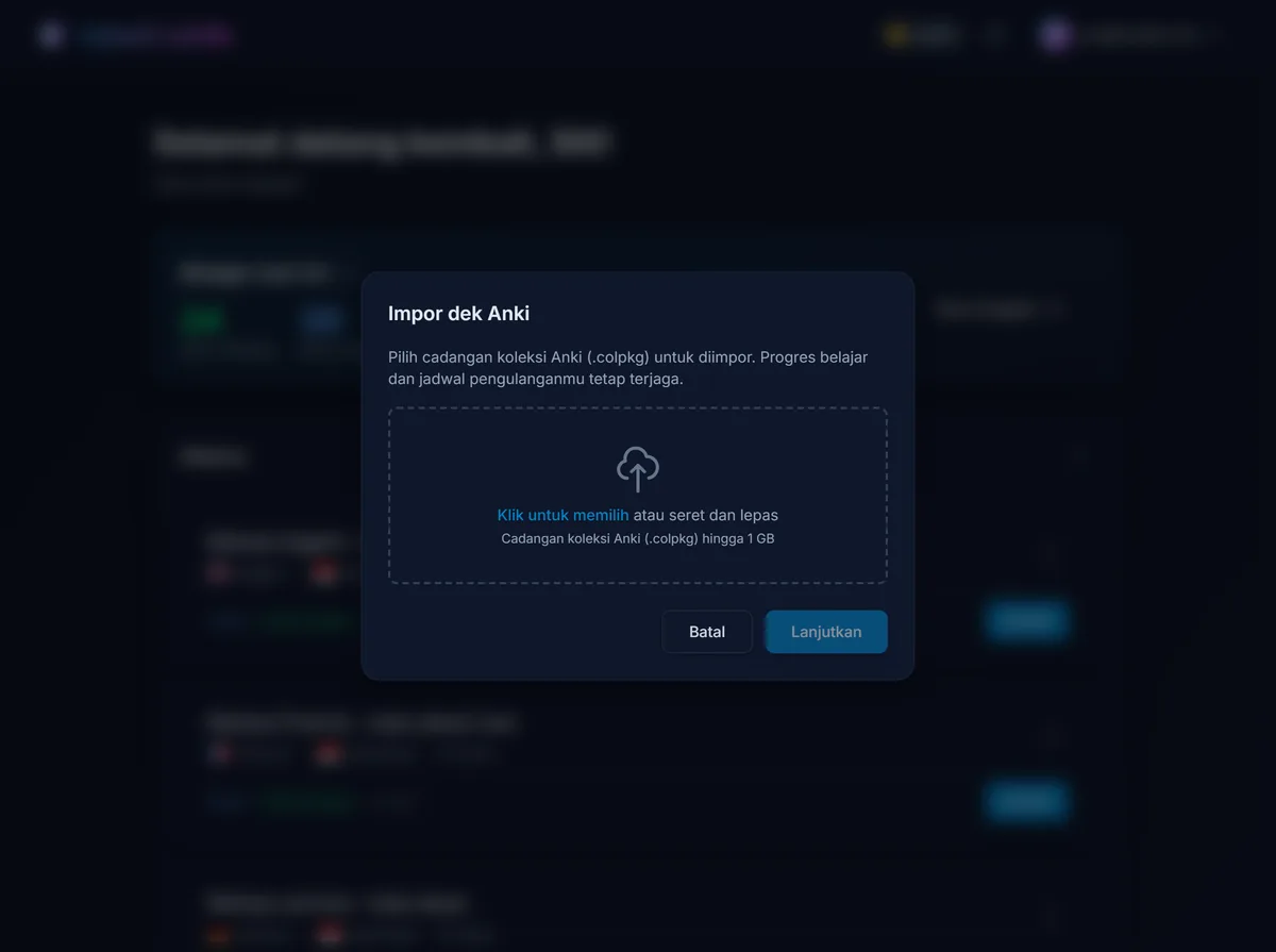 Alat impor Anki di repeat.cards terbuka di dasbor, siap mengunggah cadangan koleksi .colpkg