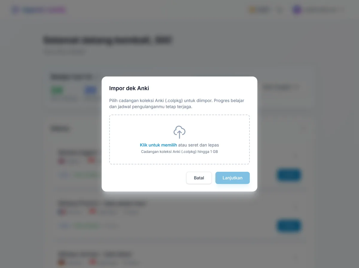 Alat impor Anki di repeat.cards terbuka di dasbor, siap mengunggah cadangan koleksi .colpkg