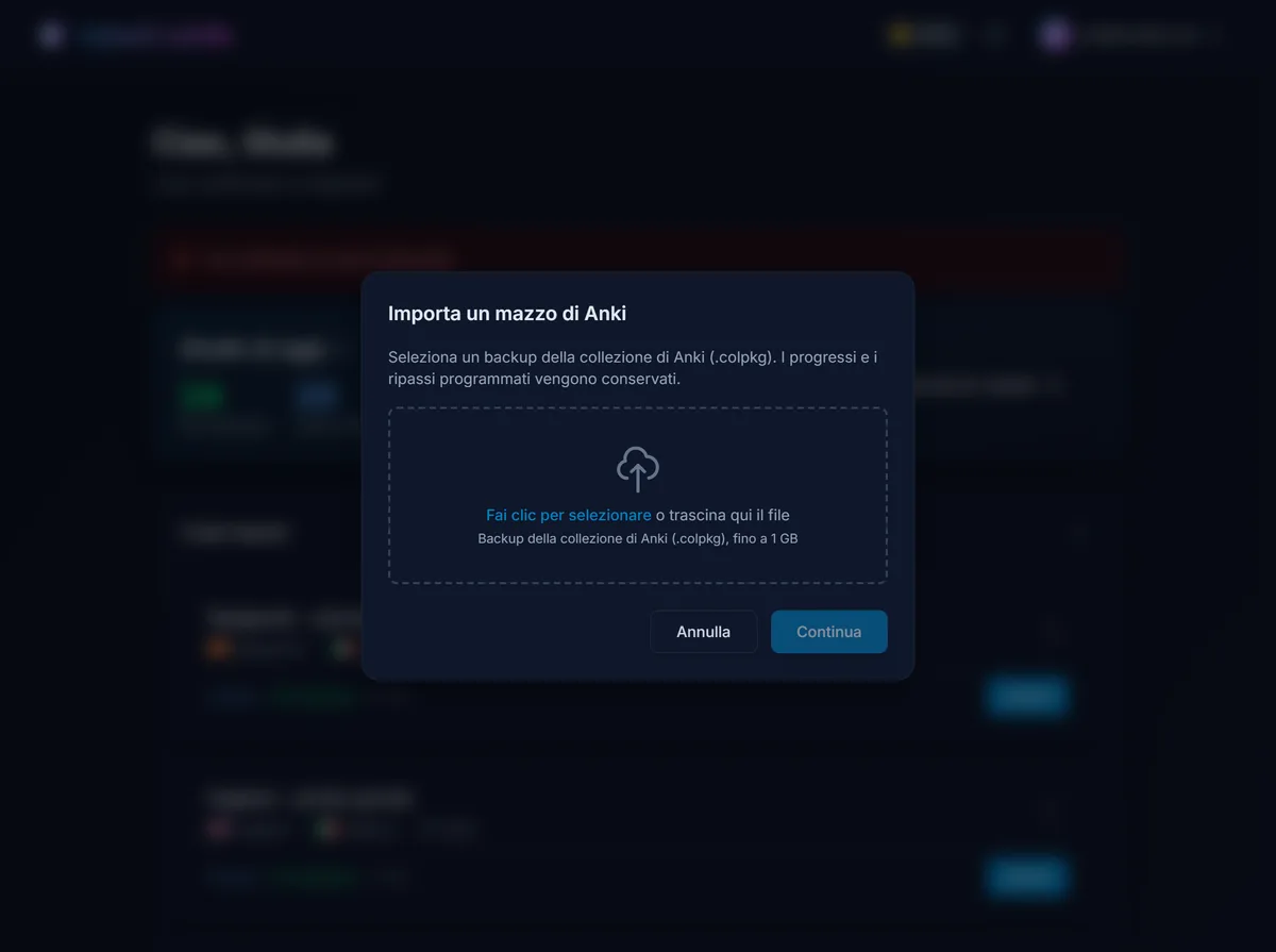 Lo strumento di importazione da Anki di repeat.cards aperto nella dashboard, pronto a caricare un backup della collezione .colpkg