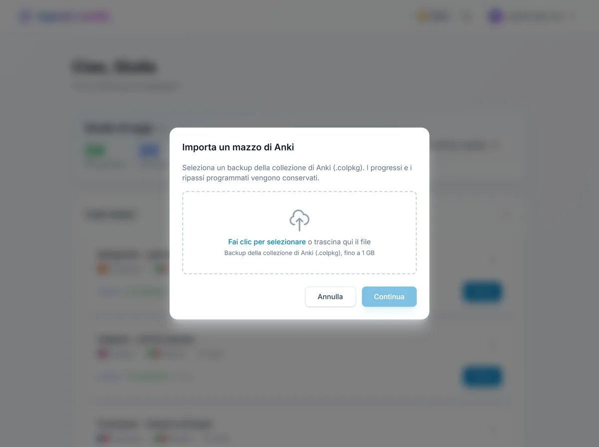 Lo strumento di importazione da Anki di repeat.cards aperto nella dashboard, pronto a caricare un backup della collezione .colpkg