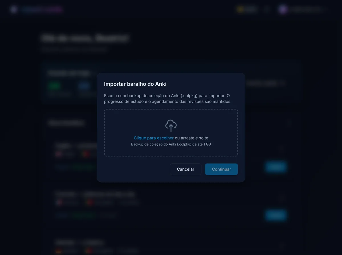 O importador do Anki do repeat.cards aberto no painel, pronto para receber um backup de coleção .colpkg