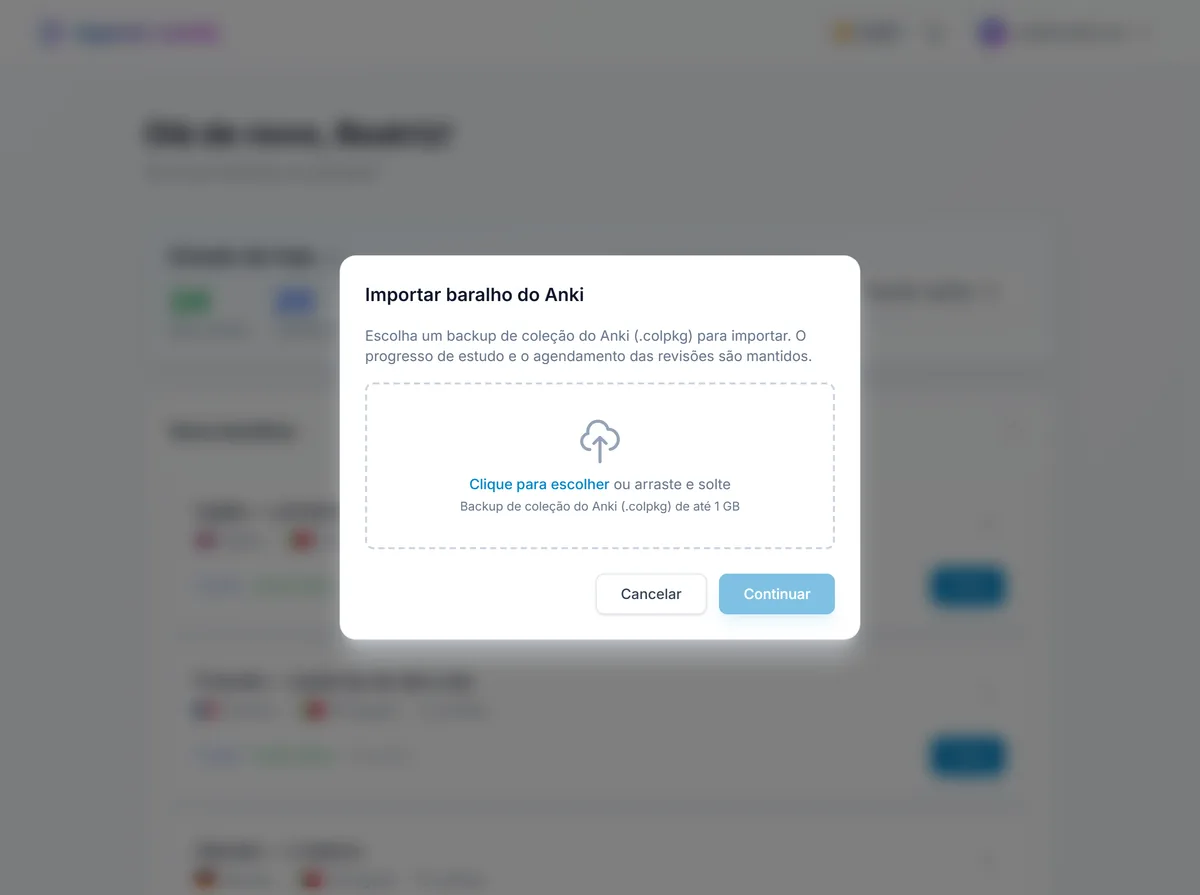 O importador do Anki do repeat.cards aberto no painel, pronto para receber um backup de coleção .colpkg