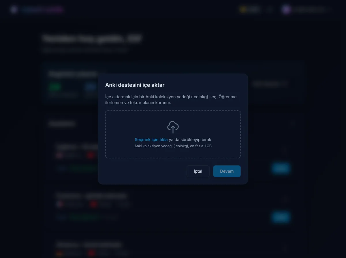 repeat.cards uygulamasının Anki içe aktarma ekranı: Anki’den dışa aktarılmış bir .colpkg koleksiyon yedeği yükleniyor