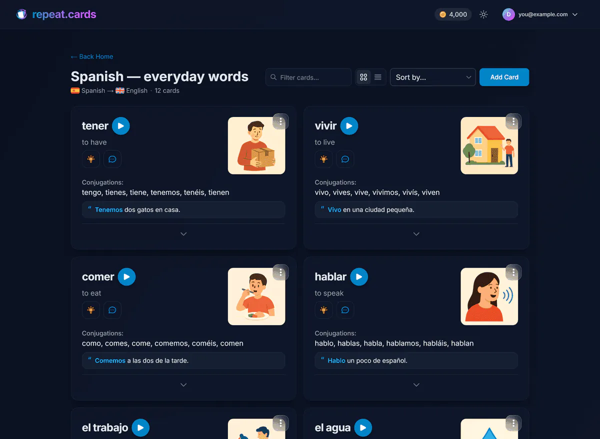 A deck of Spanish verbs in repeat.cards, each card with a picture, a play button for audio, its conjugations and an example sentence