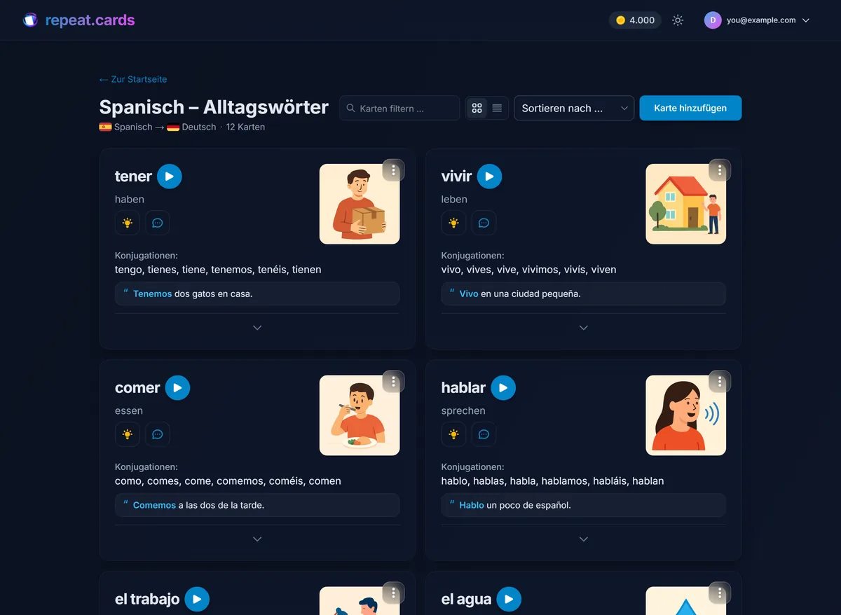 Ein Stapel spanischer Verben in repeat.cards, jede Karte mit Bild, Wiedergabetaste für die Aussprache, Konjugationen und Beispielsatz