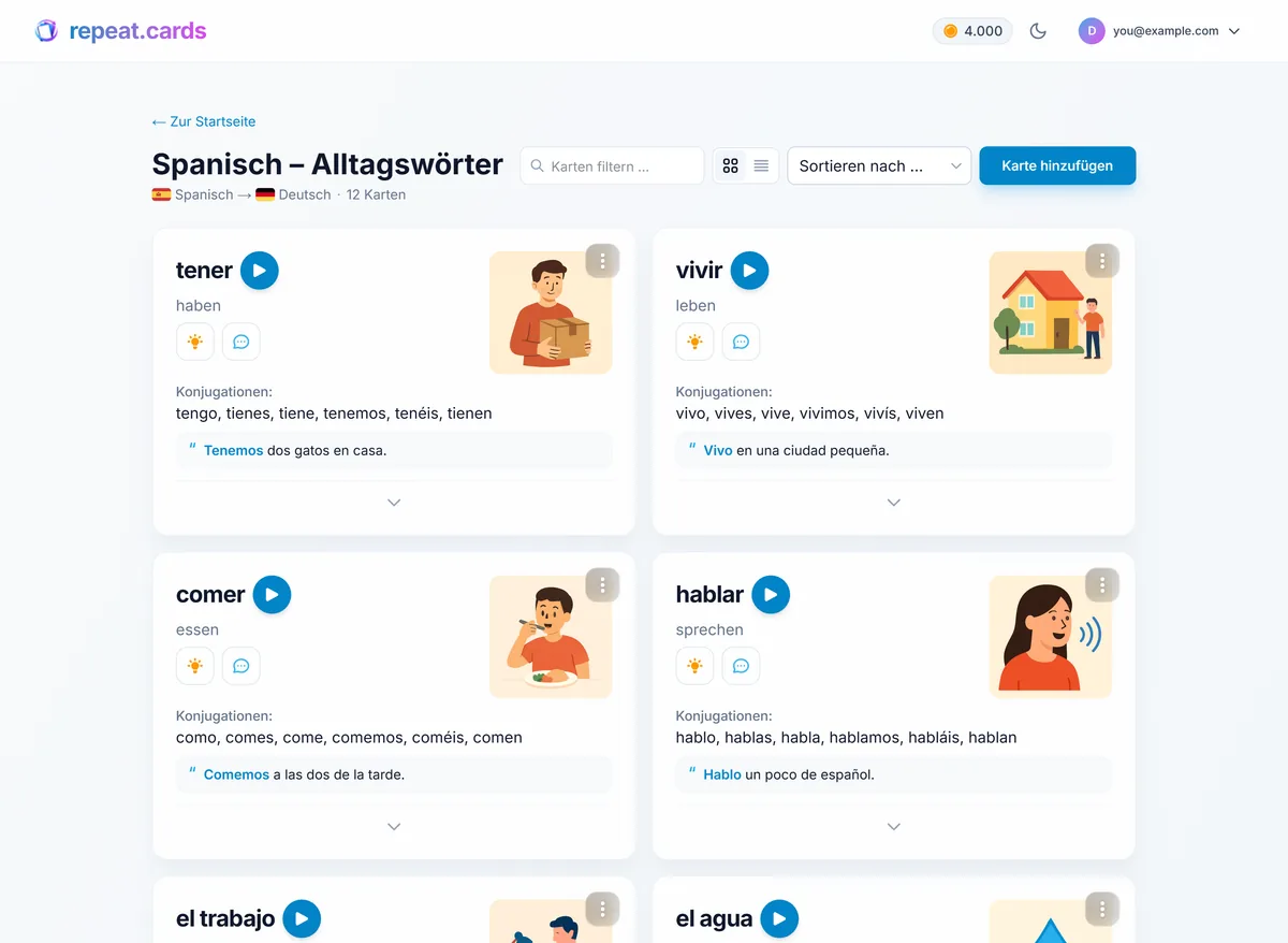 Ein Stapel spanischer Verben in repeat.cards, jede Karte mit Bild, Wiedergabetaste für die Aussprache, Konjugationen und Beispielsatz