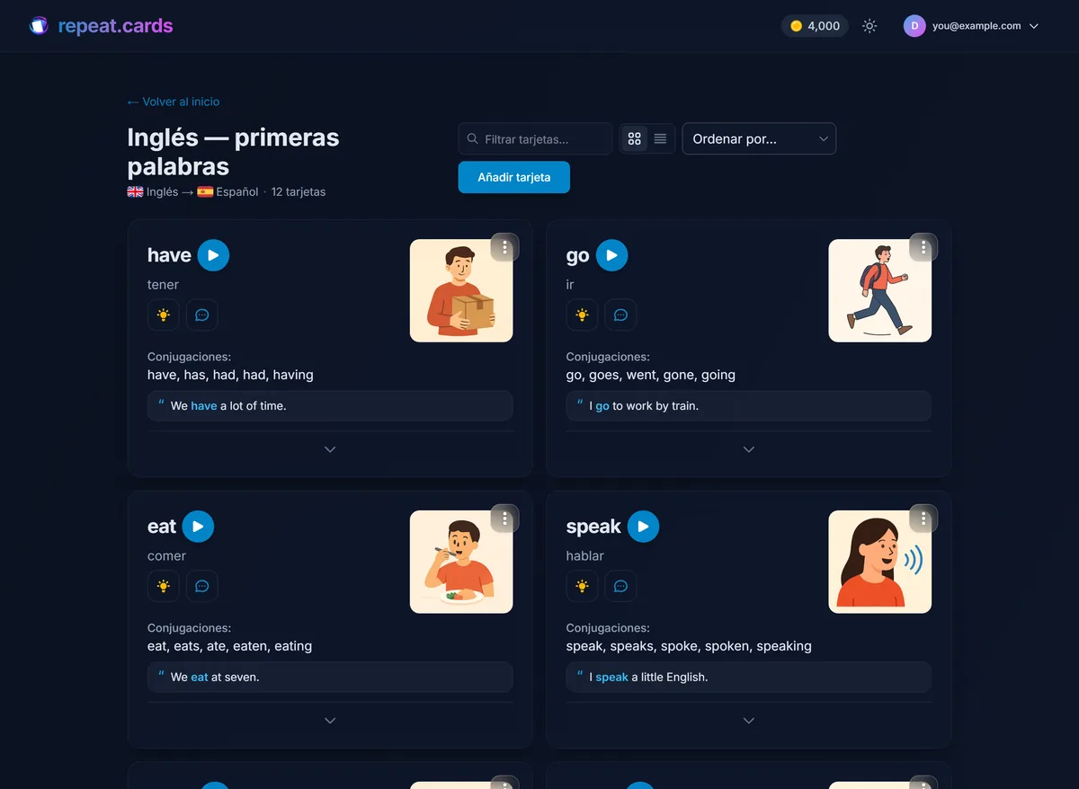 Un mazo de verbos en español en repeat.cards, cada tarjeta con una imagen, un botón para reproducir el audio, sus conjugaciones y una oración de ejemplo