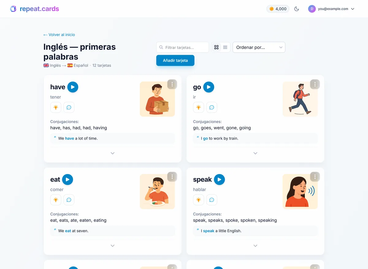 Un mazo de verbos en español en repeat.cards, cada tarjeta con una imagen, un botón para reproducir el audio, sus conjugaciones y una oración de ejemplo