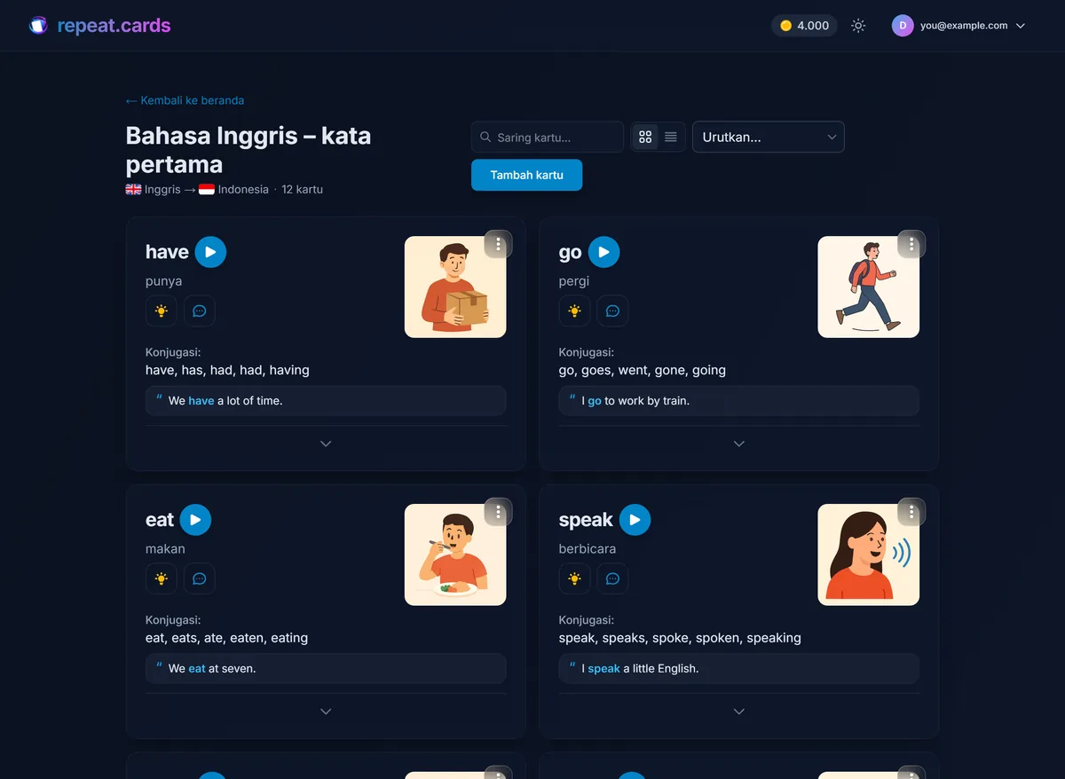 Dek berisi kata-kata bahasa Inggris di repeat.cards; setiap kartu dengan gambar, tombol putar audio, bentuk kata kerja, dan contoh kalimat
