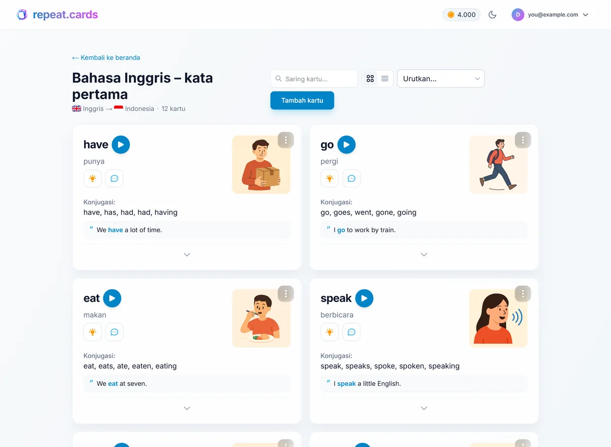 Dek berisi kata-kata bahasa Inggris di repeat.cards; setiap kartu dengan gambar, tombol putar audio, bentuk kata kerja, dan contoh kalimat