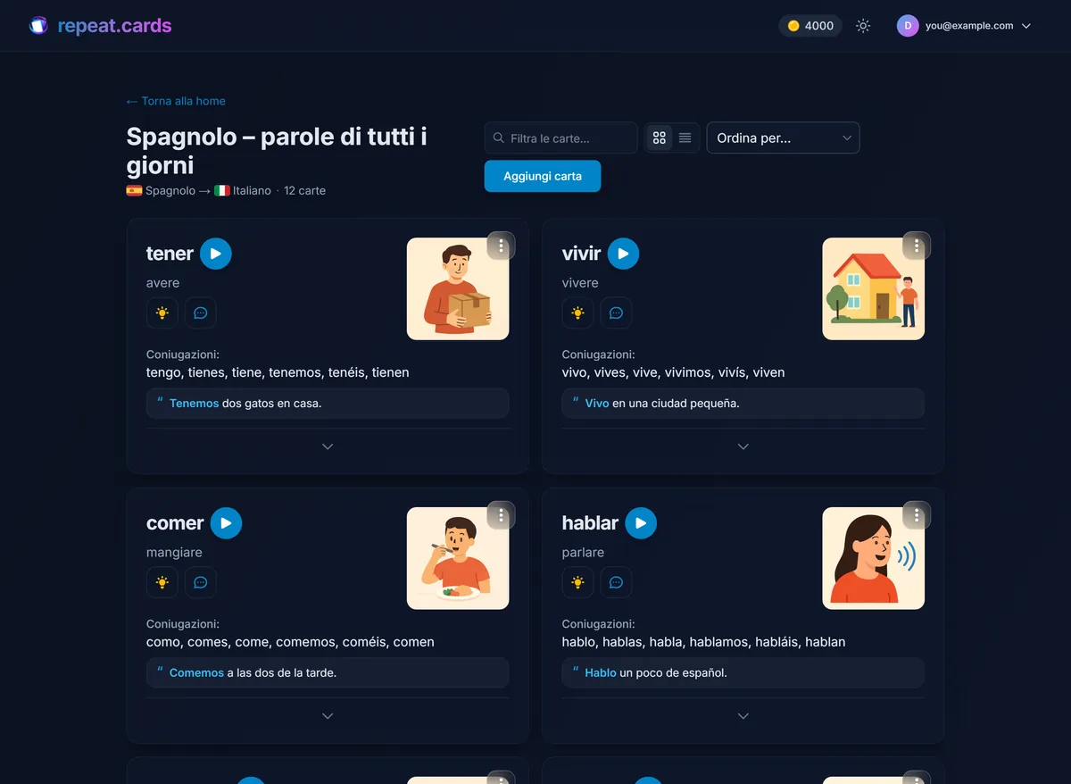 Un mazzo importato in repeat.cards con carte che mostrano traduzioni, frasi di esempio e coniugazioni dei verbi
