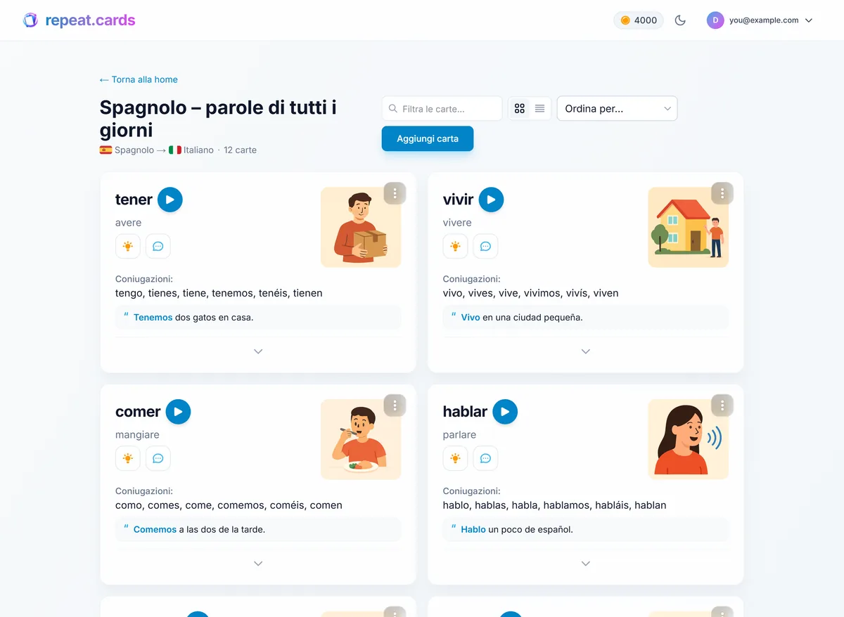 Un mazzo importato in repeat.cards con carte che mostrano traduzioni, frasi di esempio e coniugazioni dei verbi