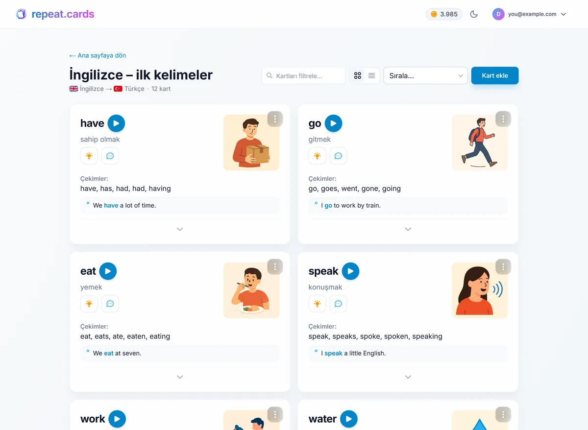 repeat.cards uygulamasında İngilizce kelimelerden oluşan bir deste: görseller, örnek cümleler, hafıza ipuçları ve fiil biçimleri