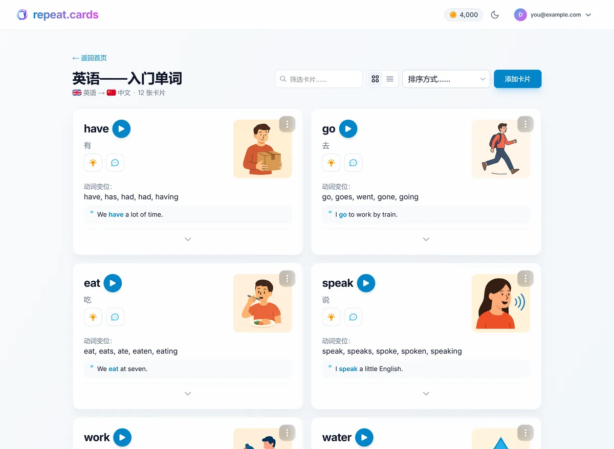 repeat.cards 中导入后的卡组,卡片带有翻译、例句和动词变位
