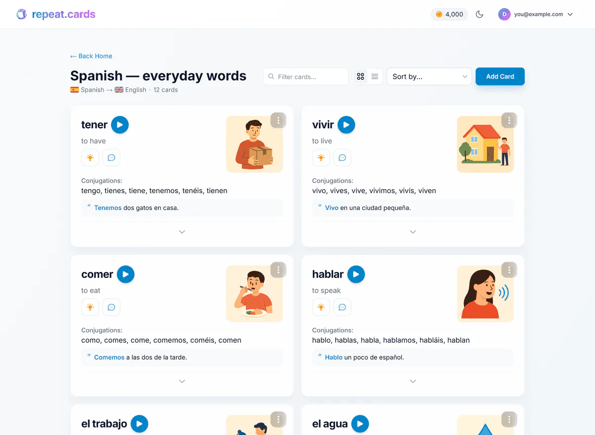 A deck of Spanish verbs in repeat.cards, each card with a picture, a play button for audio, its conjugations and an example sentence