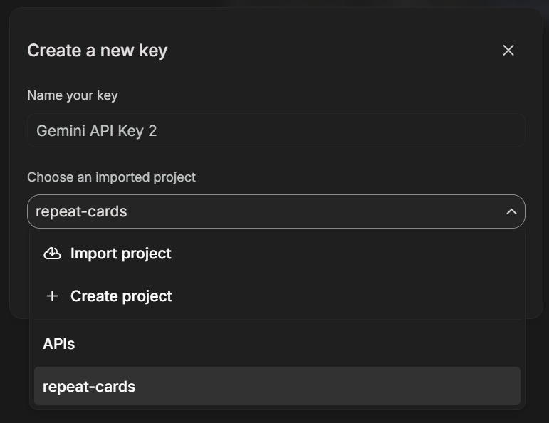 The Create a new key dialog in Google AI Studio with the project dropdown open, offering Import project and Create project alongside the existing projects