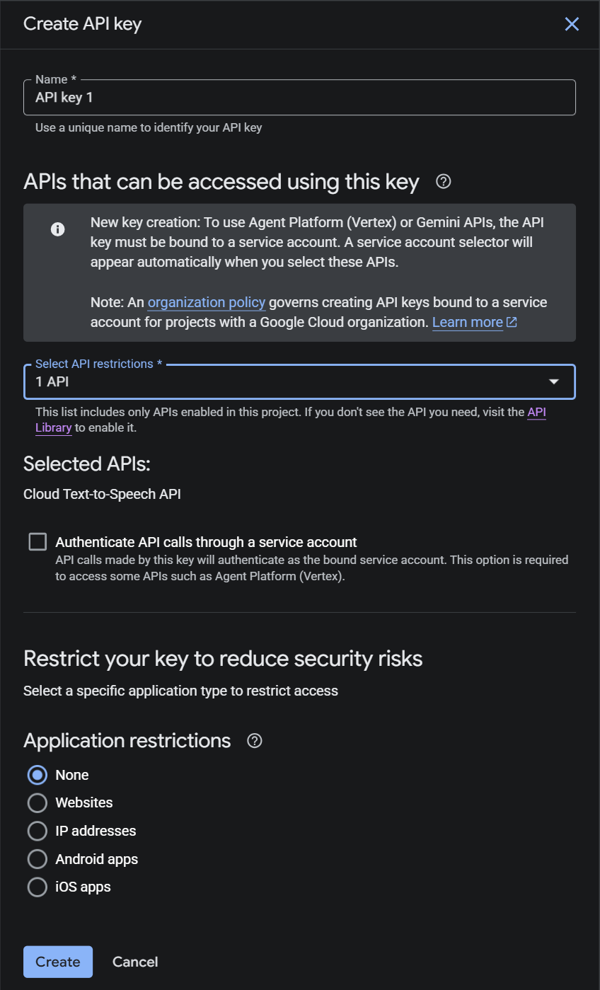 The Create API key panel in the Google Cloud console with Select API restrictions set to one API, Cloud Text-to-Speech API