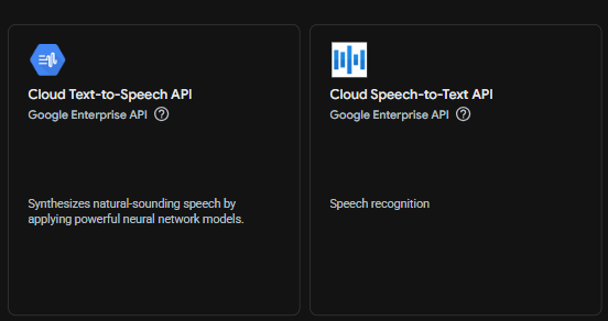 Two results in the Google Cloud API Library: Cloud Text-to-Speech API beside Cloud Speech-to-Text API