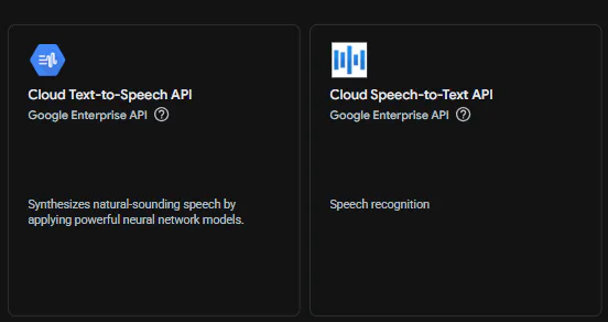 Two results in the Google Cloud API Library: Cloud Text-to-Speech API beside Cloud Speech-to-Text API