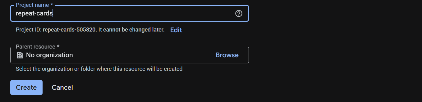 The New Project form in the Google Cloud console with the project name repeat-cards