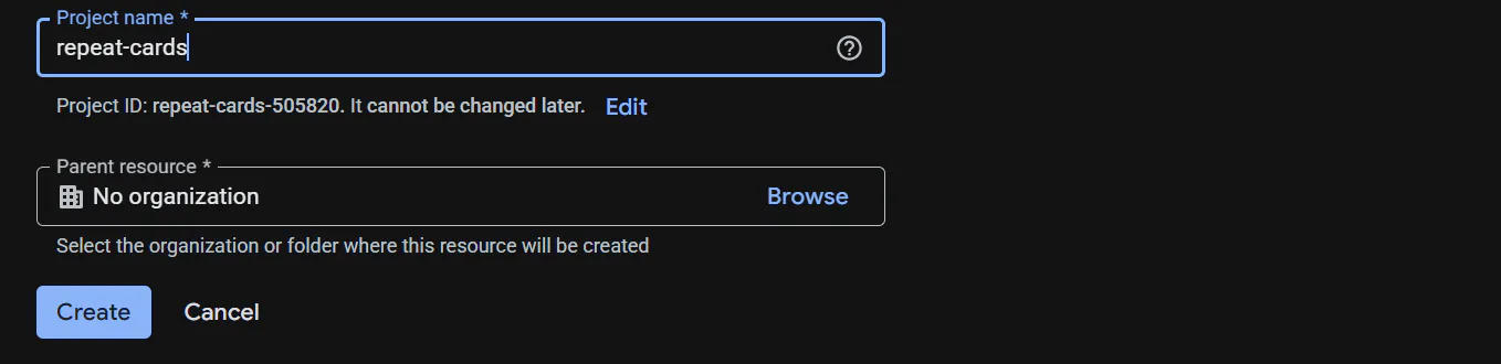 The New Project form in the Google Cloud console with the project name repeat-cards