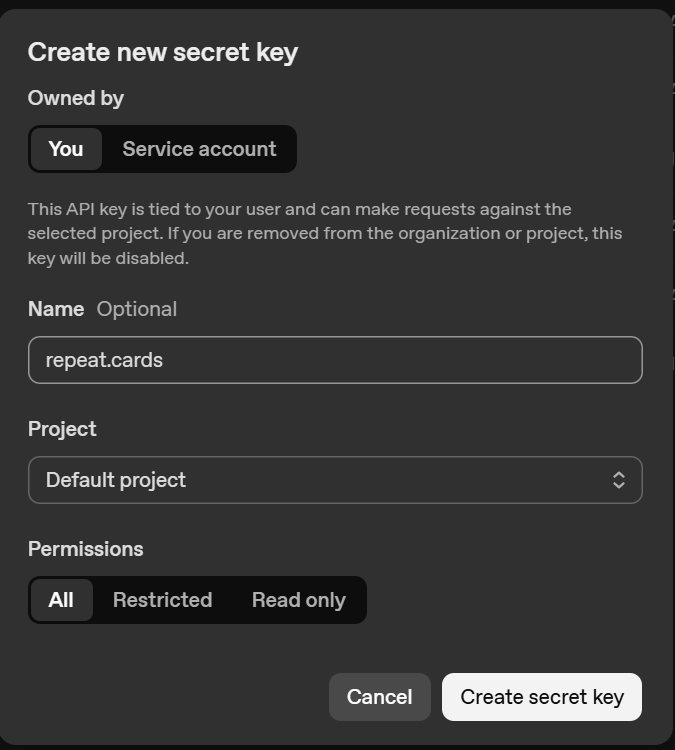 The OpenAI Create new secret key dialog, with the key named repeat.cards, owned by You, and Permissions set to All