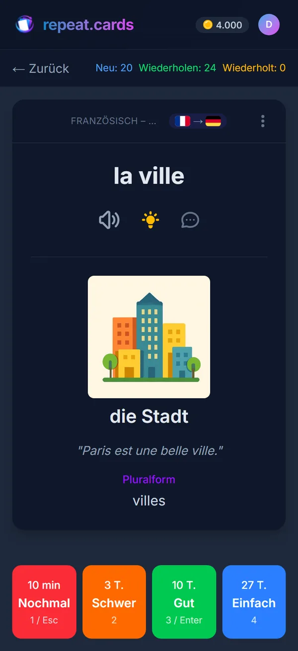 Eine Karte beim Üben auf dem Smartphone, mit Bild, Beispielsatz und Pluralform