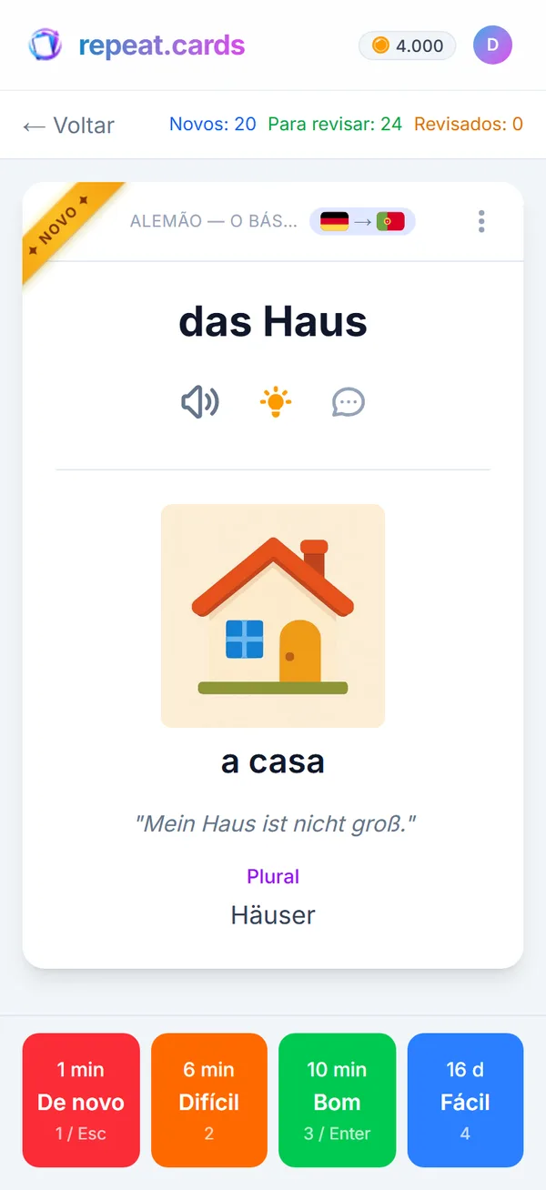 repeat.cards em um celular: um cartão em revisão com imagem, frase de exemplo e plural, acima dos quatro botões de avaliação e dos próximos intervalos