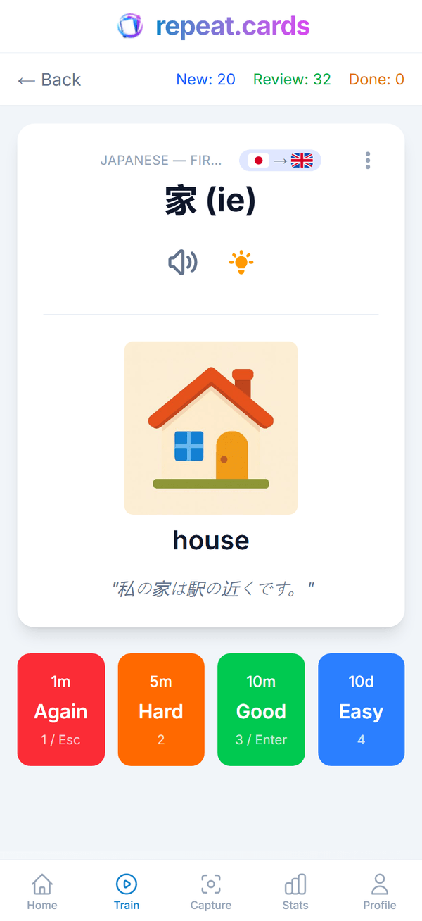 repeat.cards showing a deck dashboard and a flashcard mid-review, with spaced-repetition rating buttons