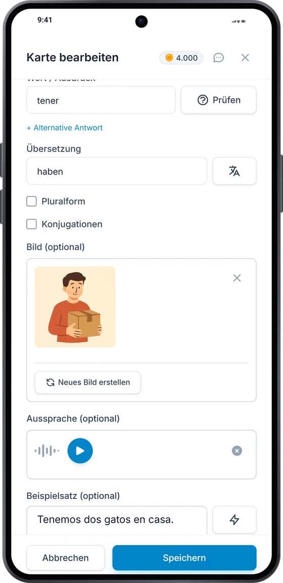 Der Karteneditor auf Android: die Übersetzung, ein gezeichnetes Bild und eine Aussprache