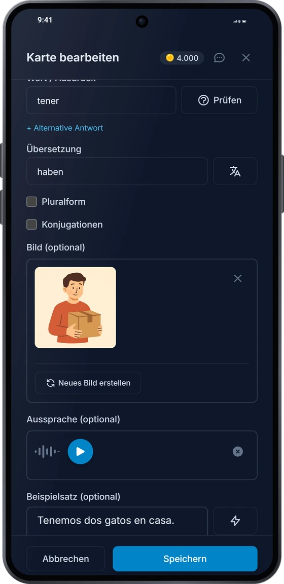 Der Karteneditor auf Android: die Übersetzung, ein gezeichnetes Bild und eine Aussprache