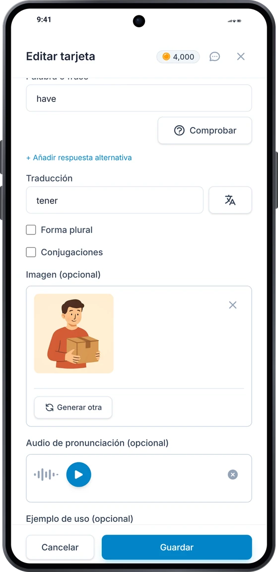 El editor de tarjetas en Android: la traducción, una imagen generada y el audio de la pronunciación