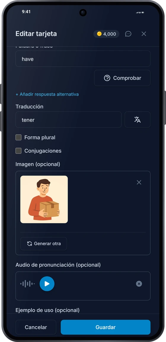 El editor de tarjetas en Android: la traducción, una imagen generada y el audio de la pronunciación