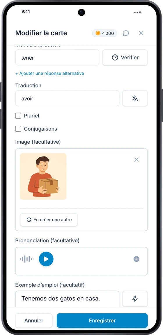 L’éditeur de cartes sur Android : la traduction, une image dessinée et la prononciation