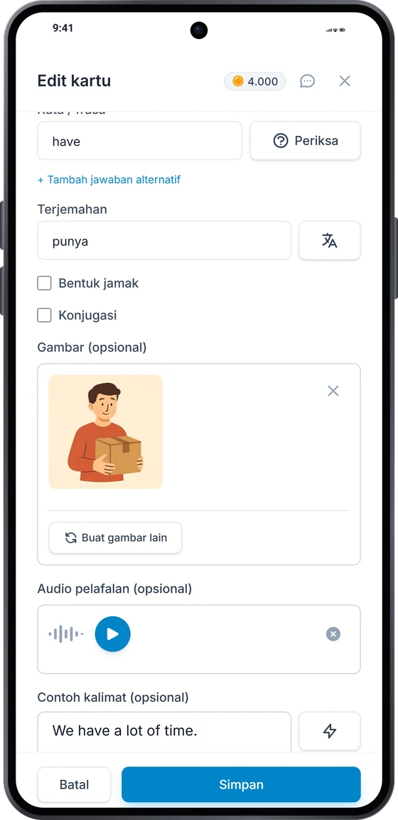 Editor kartu di Android: terjemahan, gambar buatan AI, dan audio pelafalan