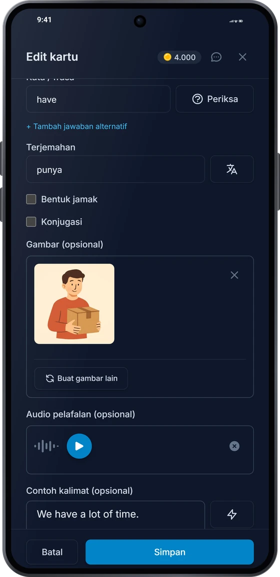 Editor kartu di Android: terjemahan, gambar buatan AI, dan audio pelafalan