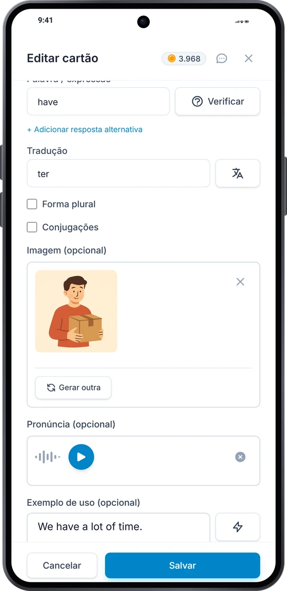 O editor de cartões no Android: a tradução, uma imagem desenhada e uma gravação da pronúncia