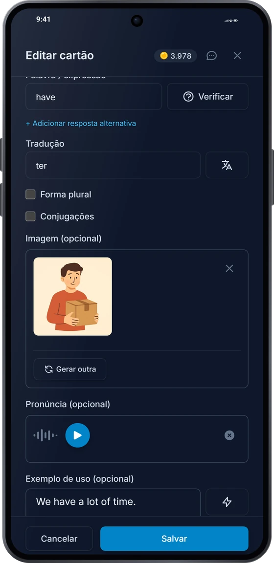 O editor de cartões no Android: a tradução, uma imagem desenhada e uma gravação da pronúncia