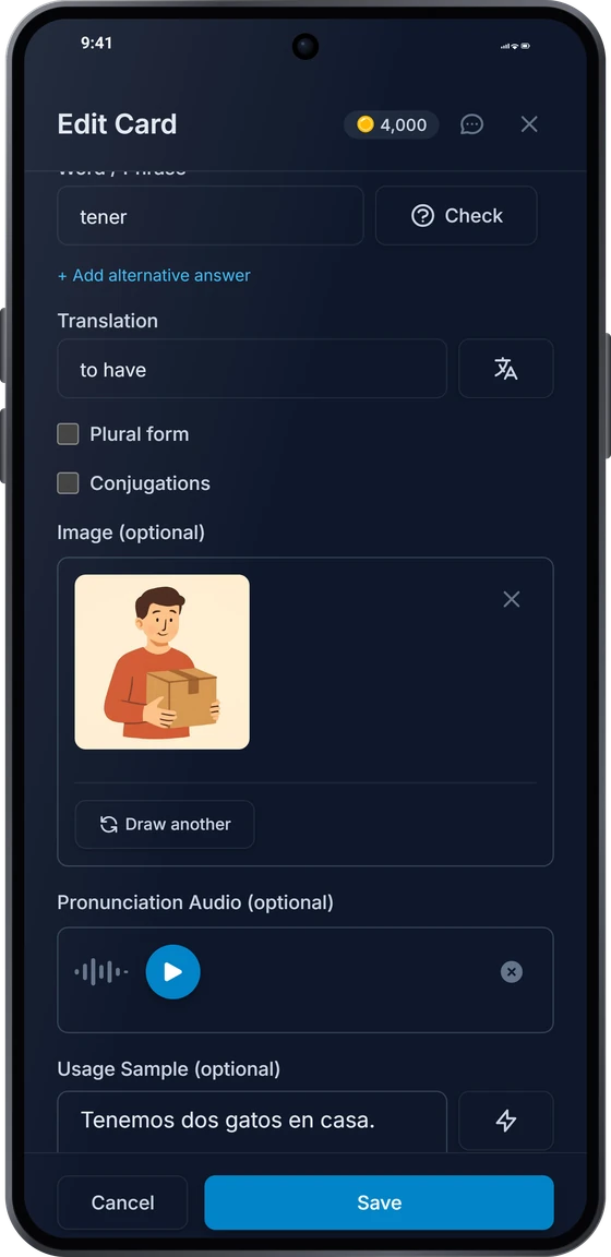 The card editor on Android: the translation, a drawn picture and a pronunciation recording