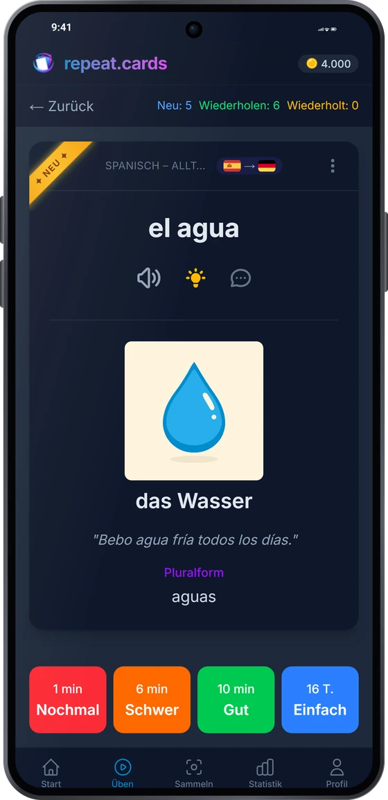 Die Android-App mitten in der Wiederholung: el agua mit Bild, Beispielsatz und Pluralform, über den vier Bewertungsknöpfen mit ihren nächsten Intervallen