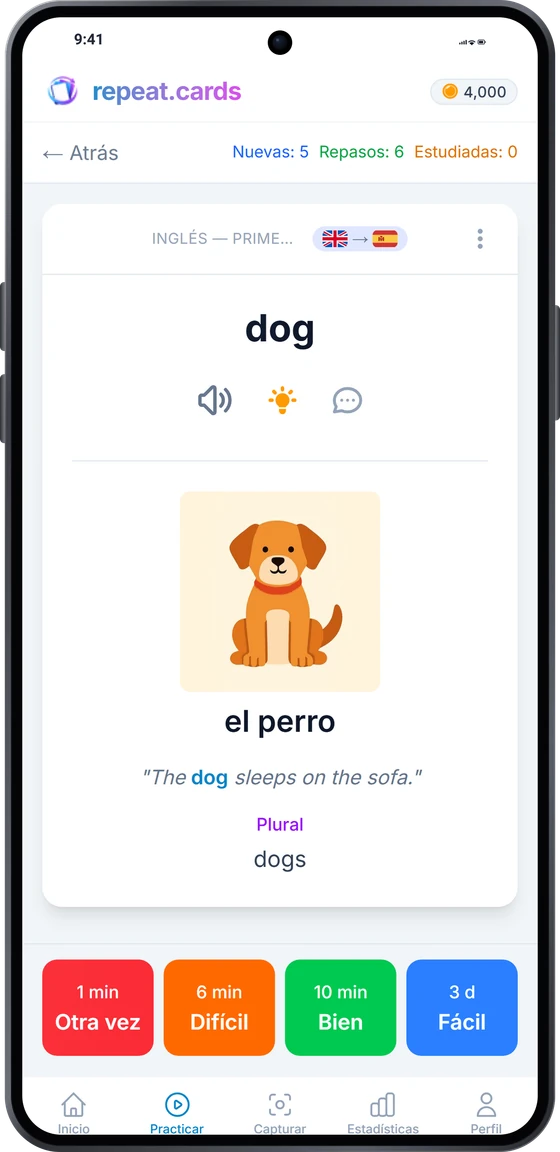 La app para Android durante un repaso: el agua con su imagen, una frase de ejemplo y el plural, sobre los cuatro botones de valoración y sus próximos intervalos