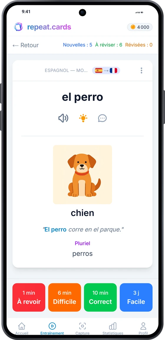 L’application Android en pleine révision : el agua avec son image, une phrase d’exemple et son pluriel, au-dessus des quatre boutons d’évaluation et de leurs prochains intervalles