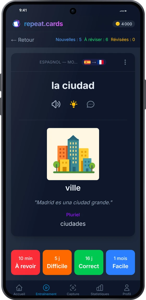 L’application Android en pleine révision : el agua avec son image, une phrase d’exemple et son pluriel, au-dessus des quatre boutons d’évaluation et de leurs prochains intervalles