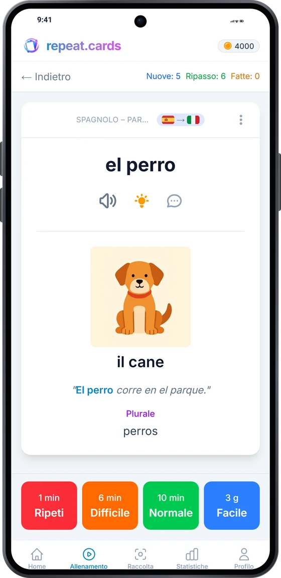 L’app Android durante un ripasso: el agua con l’immagine, la frase di esempio e il plurale, sopra i quattro pulsanti di valutazione e i relativi intervalli
