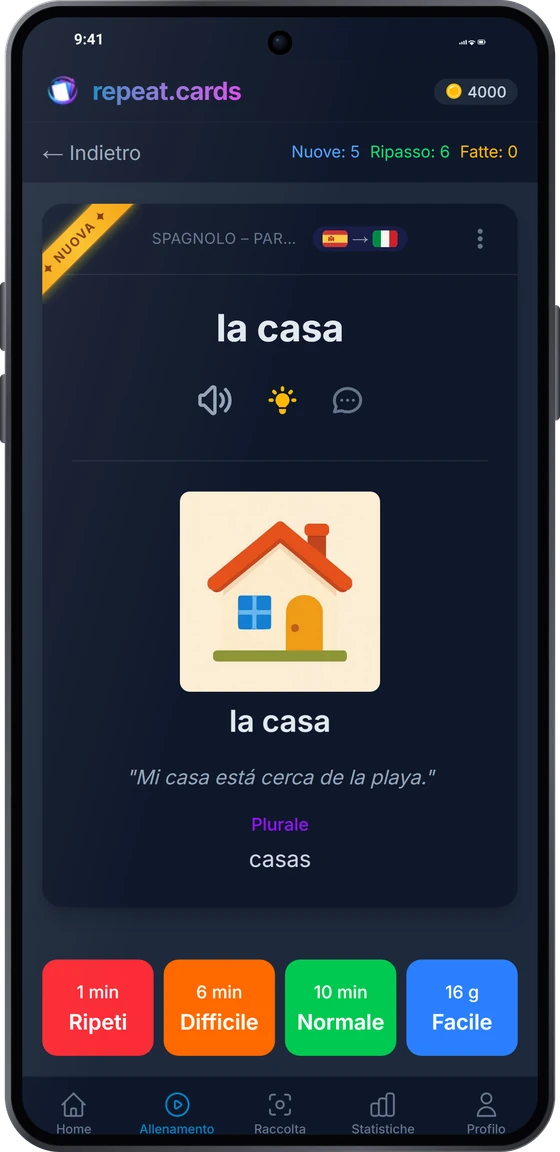 L’app Android durante un ripasso: el agua con l’immagine, la frase di esempio e il plurale, sopra i quattro pulsanti di valutazione e i relativi intervalli