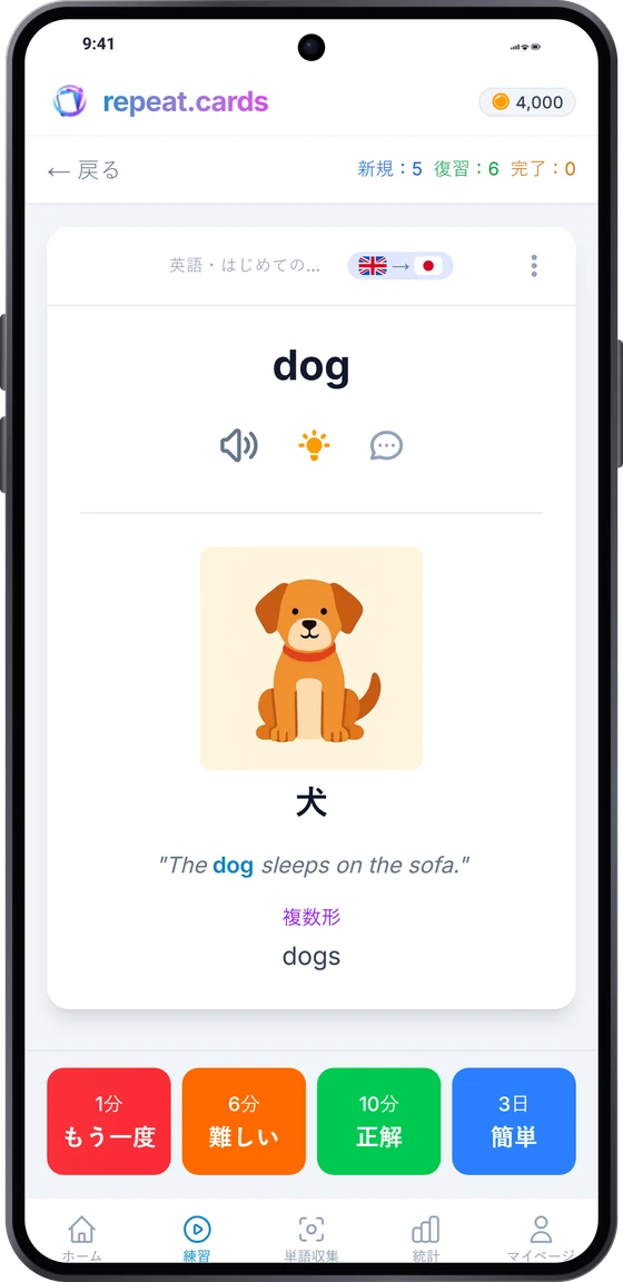 復習中のAndroidアプリ:画像、例文、複数形付きのel aguaと、その下にある4つの評価ボタンと次の復習間隔